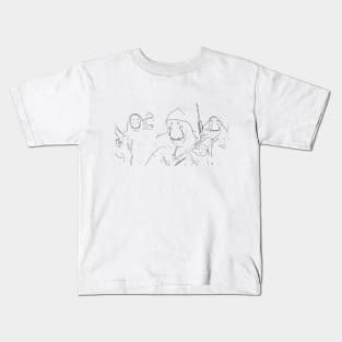 Four members with Salvador Dalí masks, red suits, mustache and machine guns as a black outline sketch money heist (vers. 1) Kids T-Shirt
